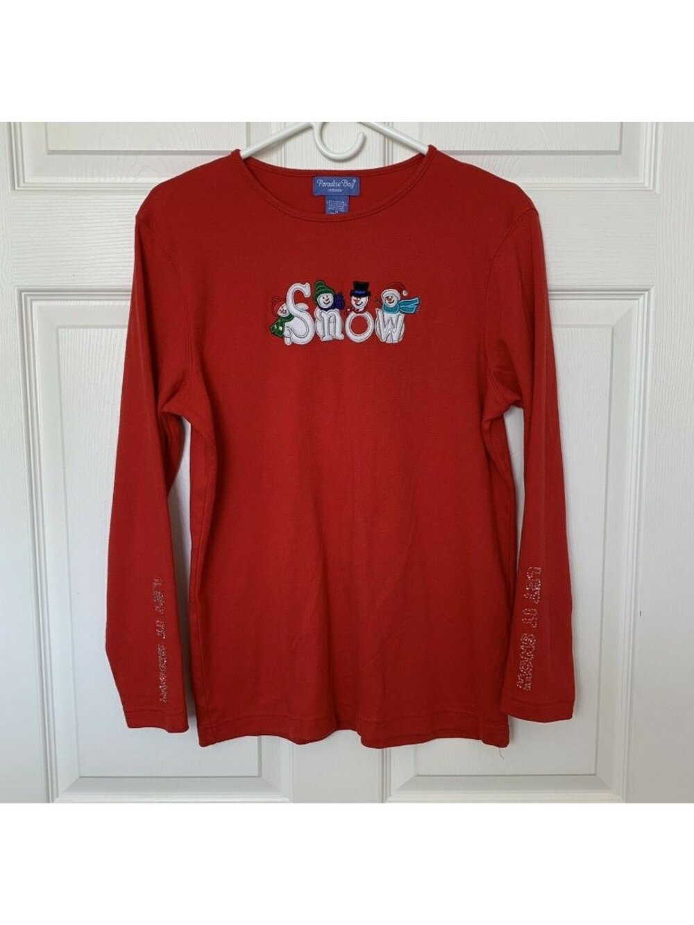 Paradise Bay Misses Size Medium Cotton Blend Red Snowmen Christmas Top Beaded